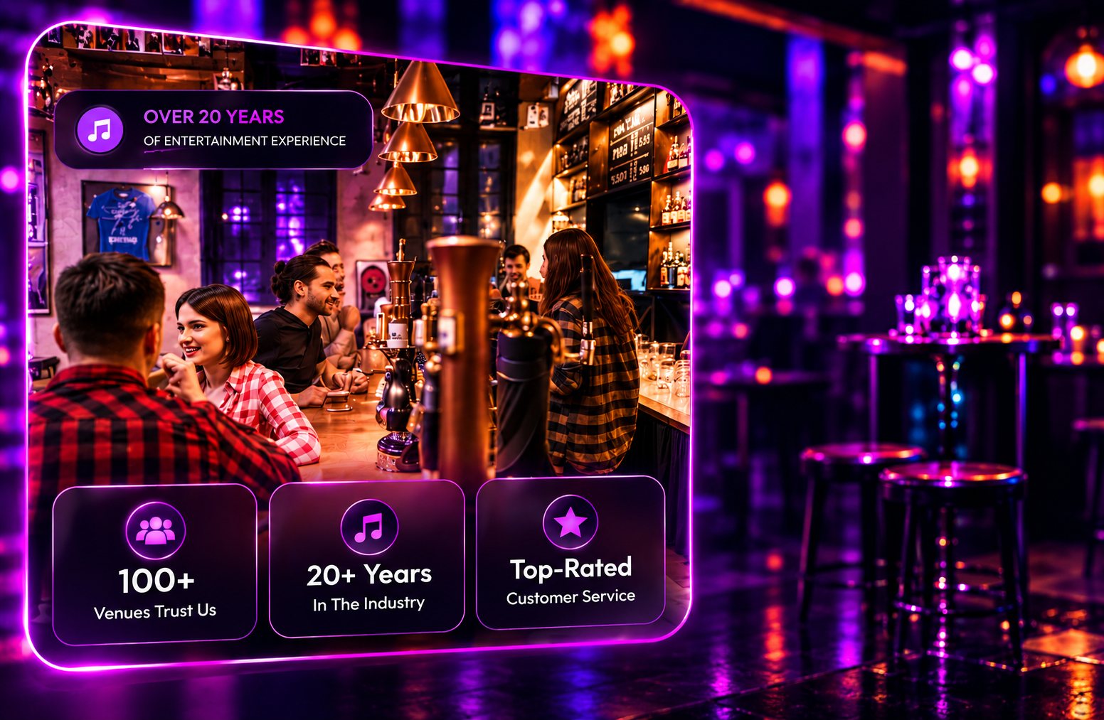 A busy pub bar — 100+ venues trust us, 20+ years in the industry, top-rated customer service