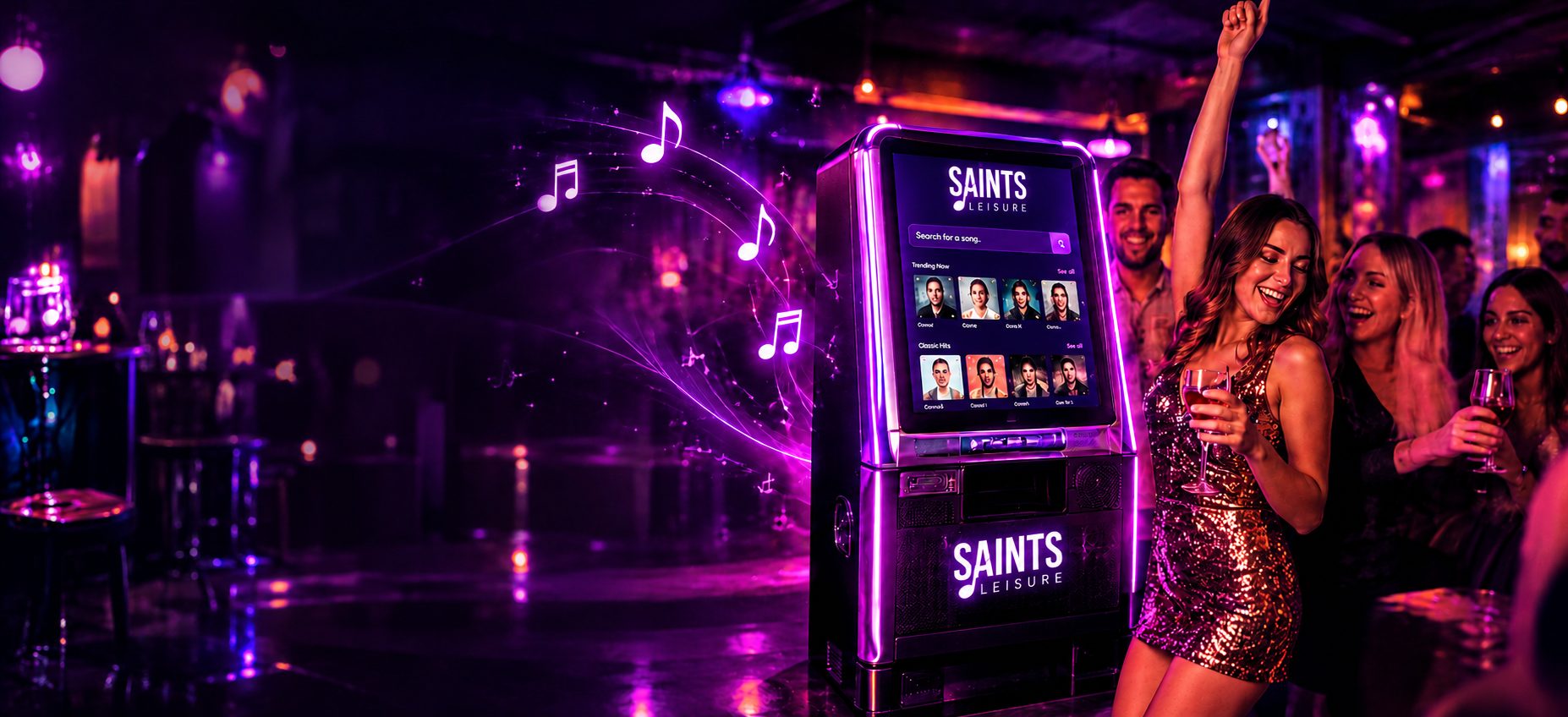 A Saints Leisure digital jukebox in a busy bar